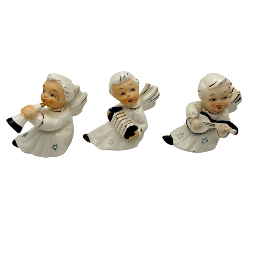 Vtg Japan Singing Musical Angel Figurines x3 Porcelain Horn Accordion Mandolin